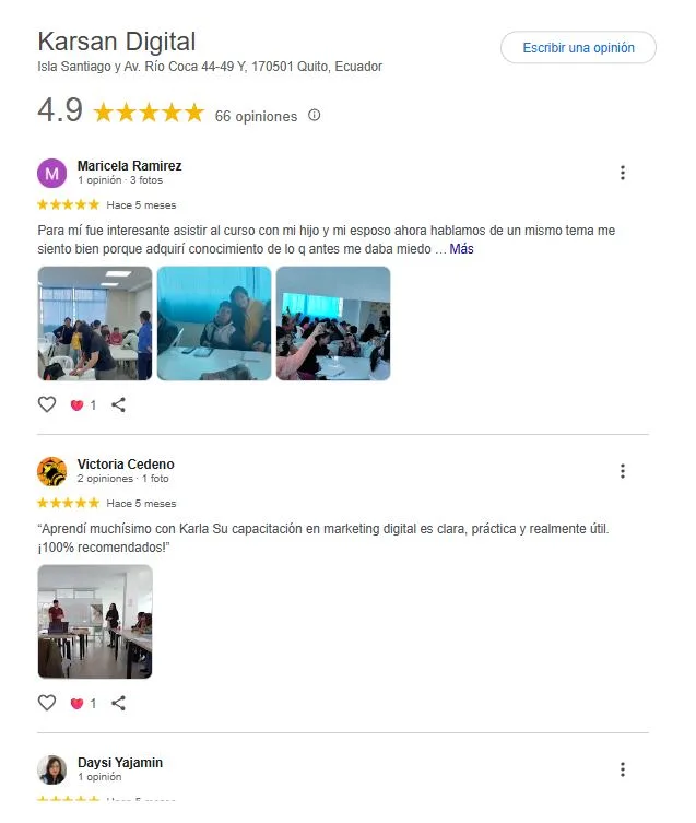 Captura real del perfil de Google Business de Karsan Digital: calificación 4.9 sobre 5 con 66 opiniones